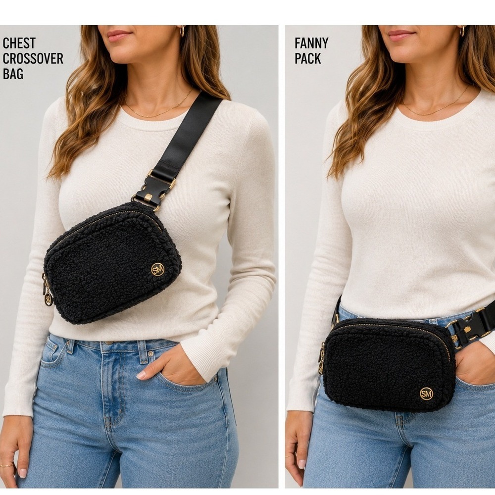 NWT Steve Madden Black Sherpa Belt Bag Fanny Pack Chest Crossover Streetwear